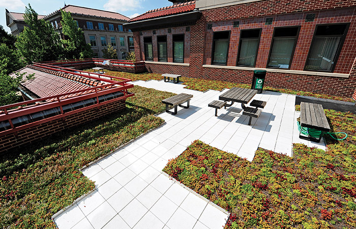 An outdoor patio on the roof of Schleman Hall