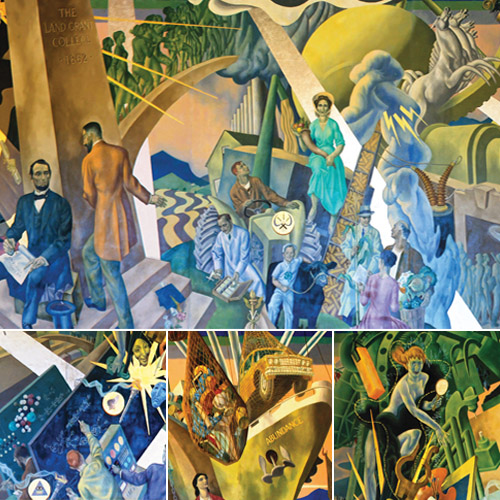 four paintings of people doing several activities