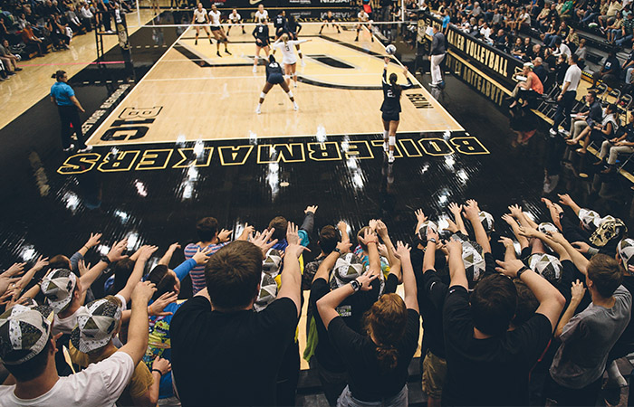 students cheering at a womens volleyball game