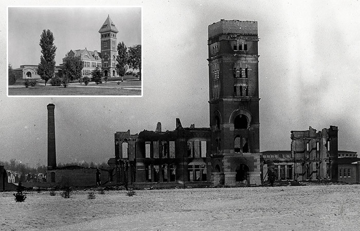 archive photo of heavilon hall bell tower before and after a fire