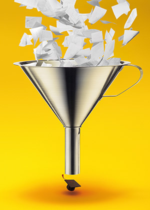 a funnel with loads of paper going into the top and a single graduation cap coming out the bottom