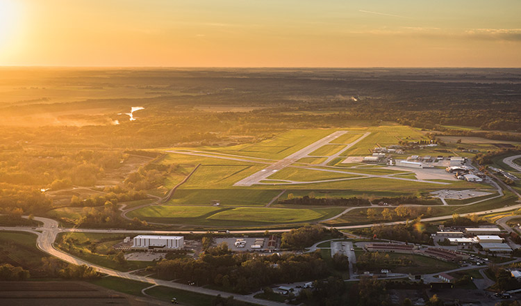 aerial view of the airport at sunset