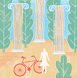 an illustration of a person and their bike among greek columns