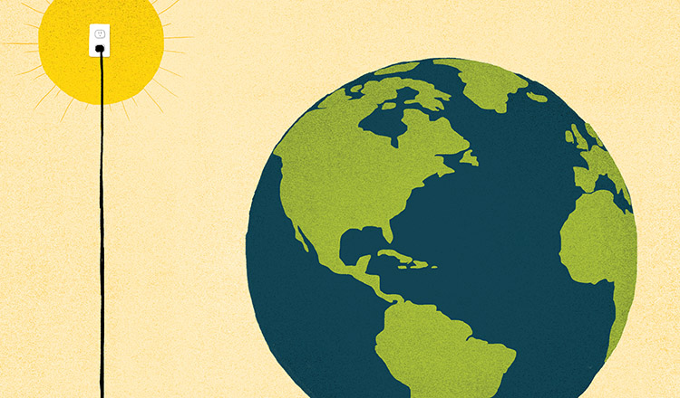 illustration of the earth plugged into the sun by an outlet and chord