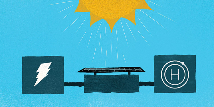 illustration of the sun shining on a solar panel to create power and hydrogen