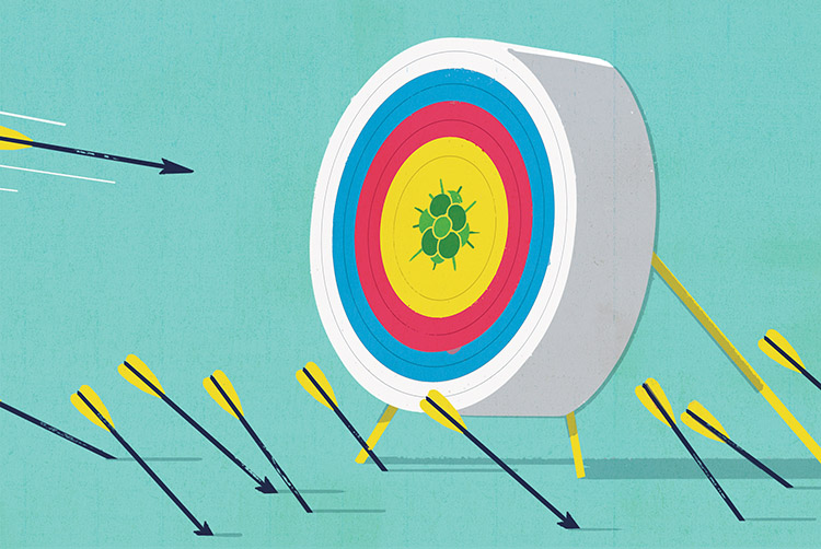 illustration of a archery target with a molecule at the bullseye. most arrows have missed but one is in the air about to hit