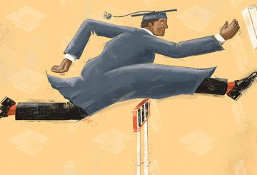 an illustration of a graduate jumping over a hurdle