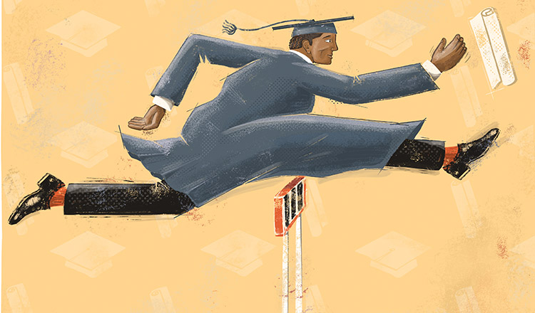 an illustration of a graduate jumping over a hurdle