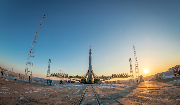 A soyuz rocket on the launcpad at Baikonur Cosmodrome