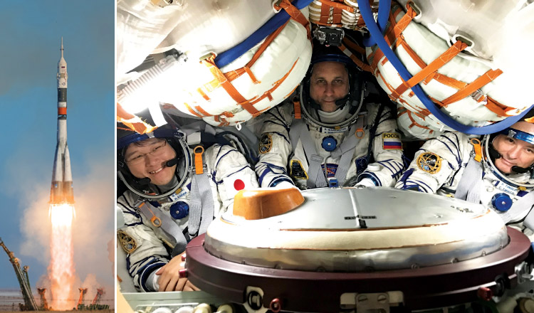 Kanai, Shkaplerov, and Tingle packed into the Soyuz space capsule