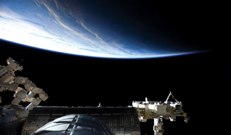 Exterior view of the ISS orbiting earth