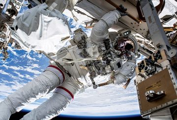 Astronaut Drew Feustel conducts a spacewalk off the International Space