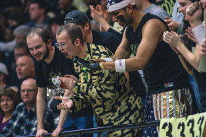 Tyler Trent cheers on the Boilermakers from the front row in Mackey Arena