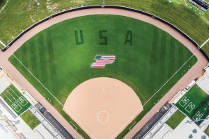 Purdue's field with USA and the Purdue P styled with an American flag motif