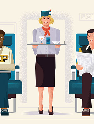 illustration of a flight attendant serving drinks on the plane