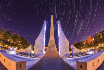 timelapse exposure of the night sky with the engineering fountain in the foreground