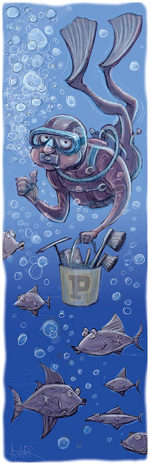 an illustration of a diver with cleaning supplies