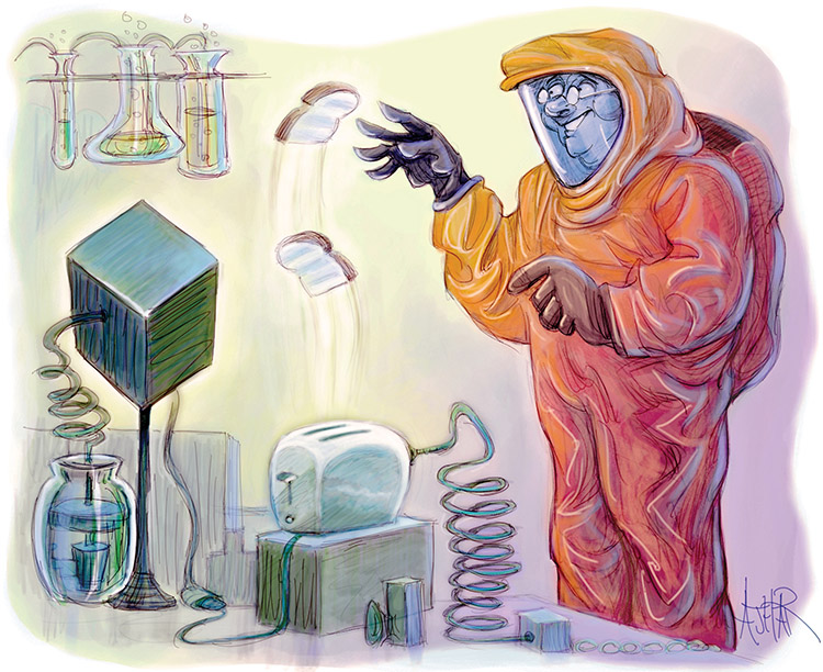 an illustration of a man wearing a radiation protection suit making toast in a toast