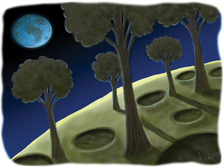 an illustration of trees growing on a distant planet