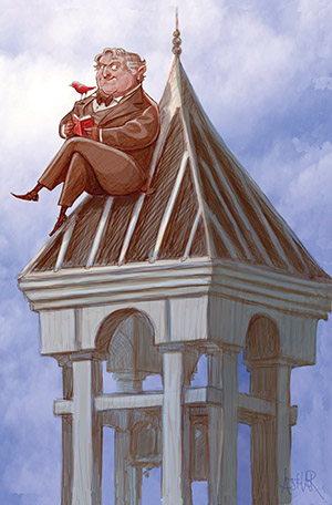 an illustration of John Purdue sitting and reading on top of the bell tower