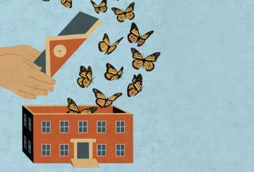 illustration of butterflies flying out of a schoolhouse