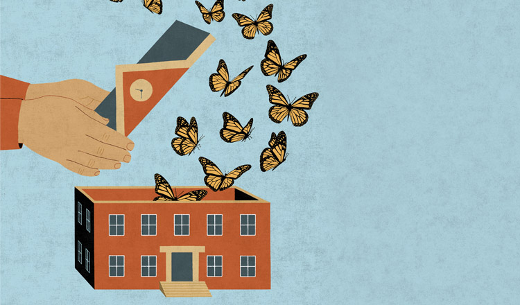 illustration of butterflies flying out of a schoolhouse