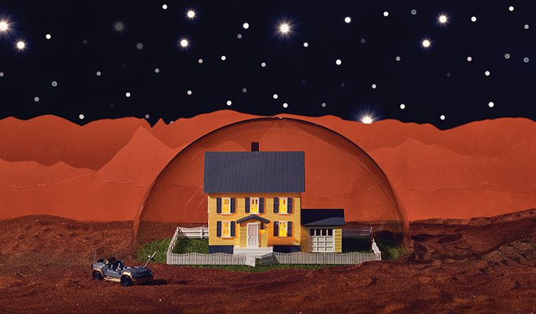 a model home inside a bubble on the surface of mars