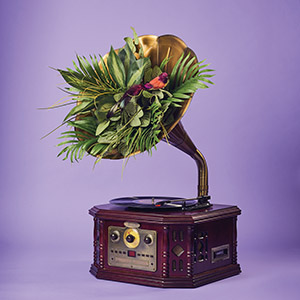 a gramophone with plants growing out of the horn