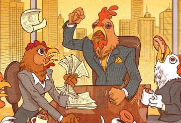 illustration of a frantic board meeting attended by chickens in business suits