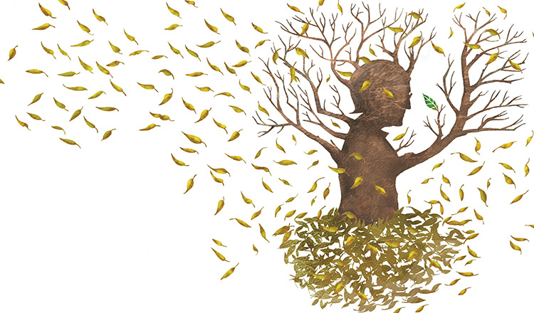 Illustration of woman as tree with blowing leaves