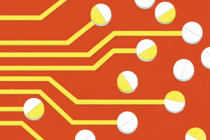 illustation of a circuit board with pills at the end of electrical routes