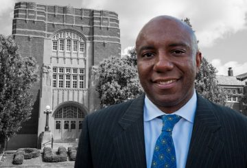 Smiling Tarrus Richardson in suit jacket with blue tie headshot pasted in front of Purdue Memorial Union.