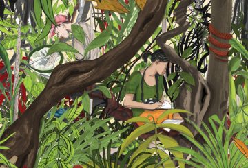 illustration of a woman taking notes in the middle of a jungle