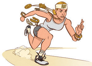 illustration of an athlete running with good luck charms and fingers crossed