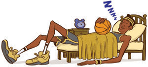 illustration of a basketball player sleeping with his basketball