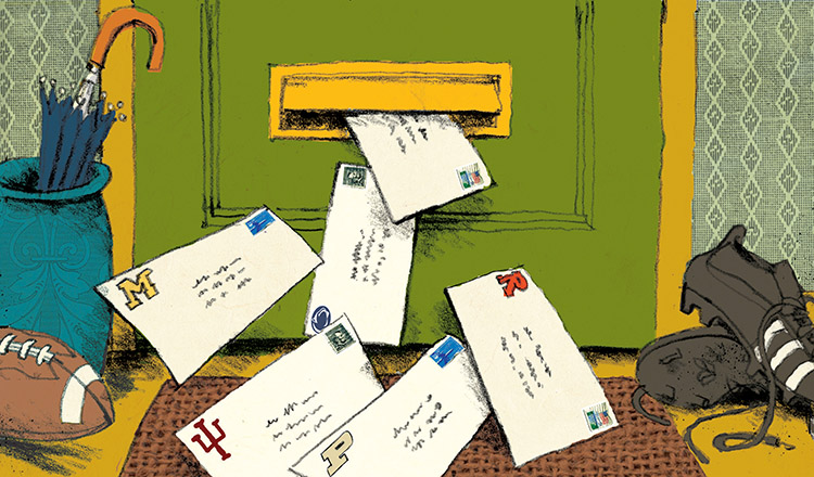 illustration of a mail slot being overwhelmed with college offer letters from Big Ten schools