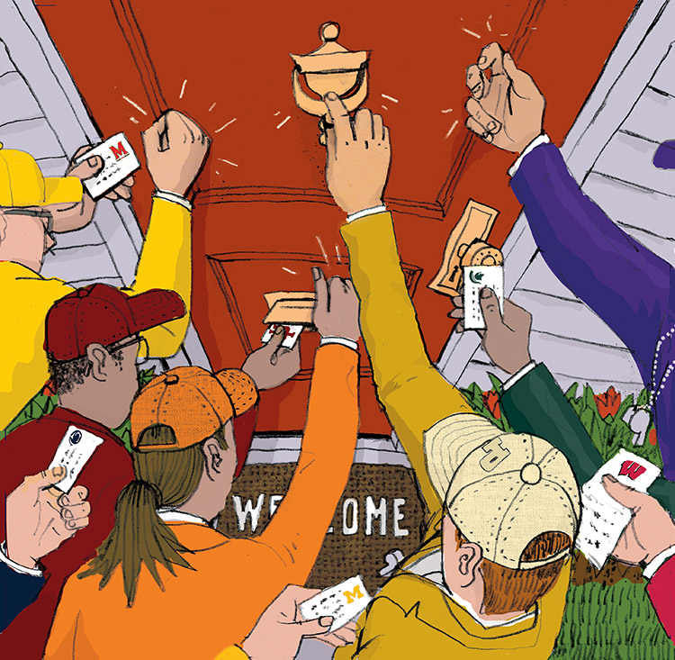 illustration of a front door crowded by Big Ten college recruiters