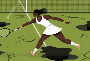 illustration of a woman playing tennis on a court with cracks and holes