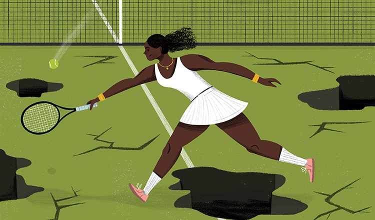 illustration of a woman playing tennis on a court with cracks and holes