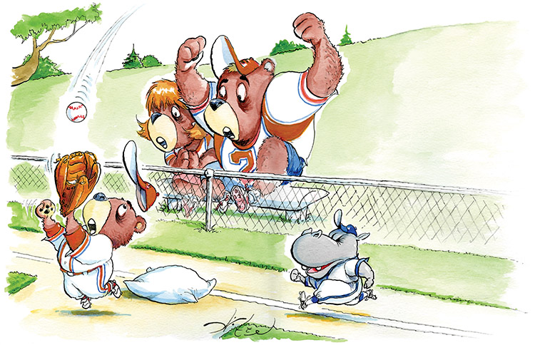 illustration of parents nervously watching their child play baseball