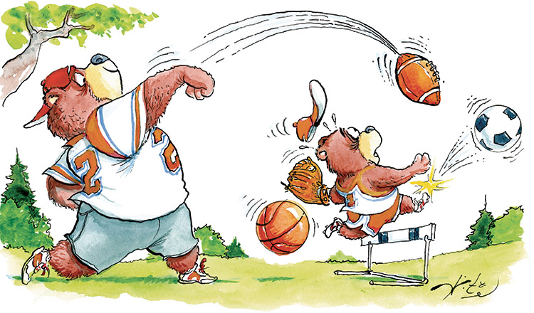 illustration of a parent teaching their overwhelmed child learn multiple sports at the same time