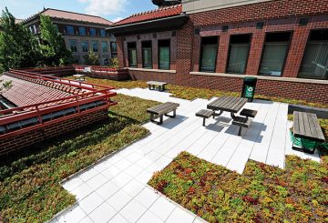 An outdoor patio on the roof of Schleman Hall