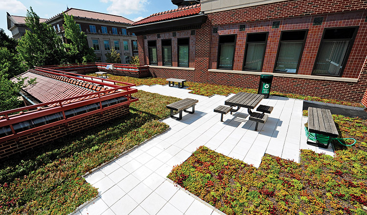 An outdoor patio on the roof of Schleman Hall